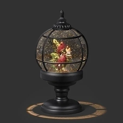 Lighted Swirl Sphere W/ Three Cardinals On A Branch, 9.5"