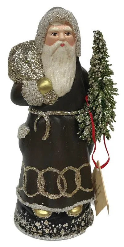 Brown Santa with Green Tree, One of a Kind Paper Mache Candy Container by Ino Schaller