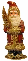 Burgundy Red Santa with Gold Tree Paper Mache Candy Container by Ino Schaller