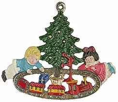 Children, Train and Tree, Painted on Both Sides Pewter Ornament by Kuehn Pewter