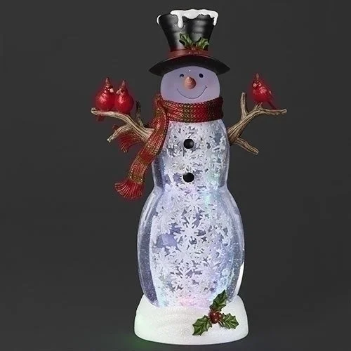 LED Lighted Swirl Snowman Water Globe W/ Scarf And Cardinals, 18"