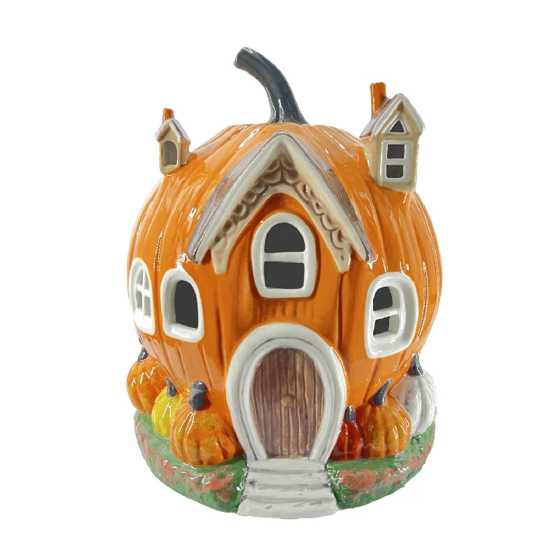 Hand Painted Porcelain Pumpkin Village House w/Gabled Windows