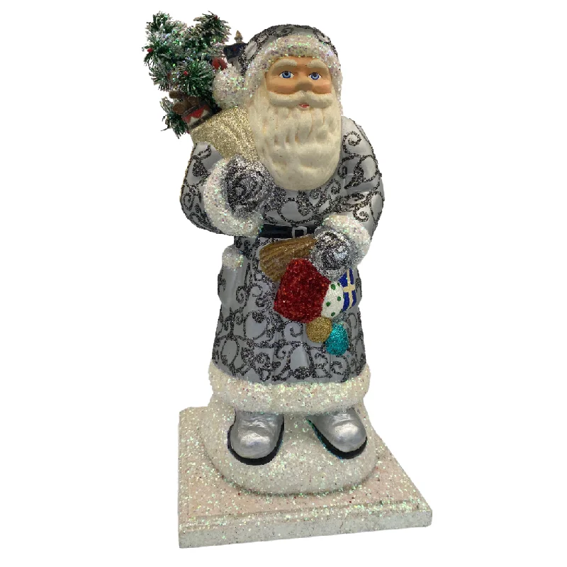 One-of-a-Kind XL Silver Swirls Santa with Feather Tree by Ino Schaller