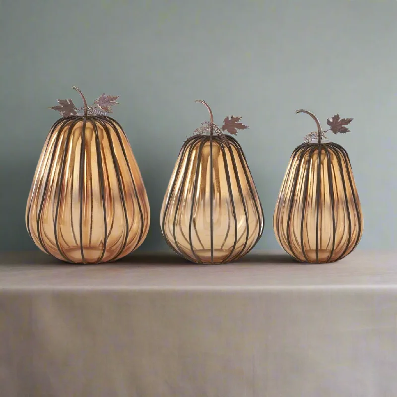 Orange Glass Pumpkin w/Dark Metal Stems (Set of 3)