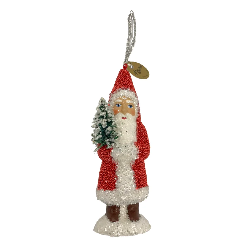 Santa with Tree, Paper Mache Ornament, light red beaded, by Ino Schaller