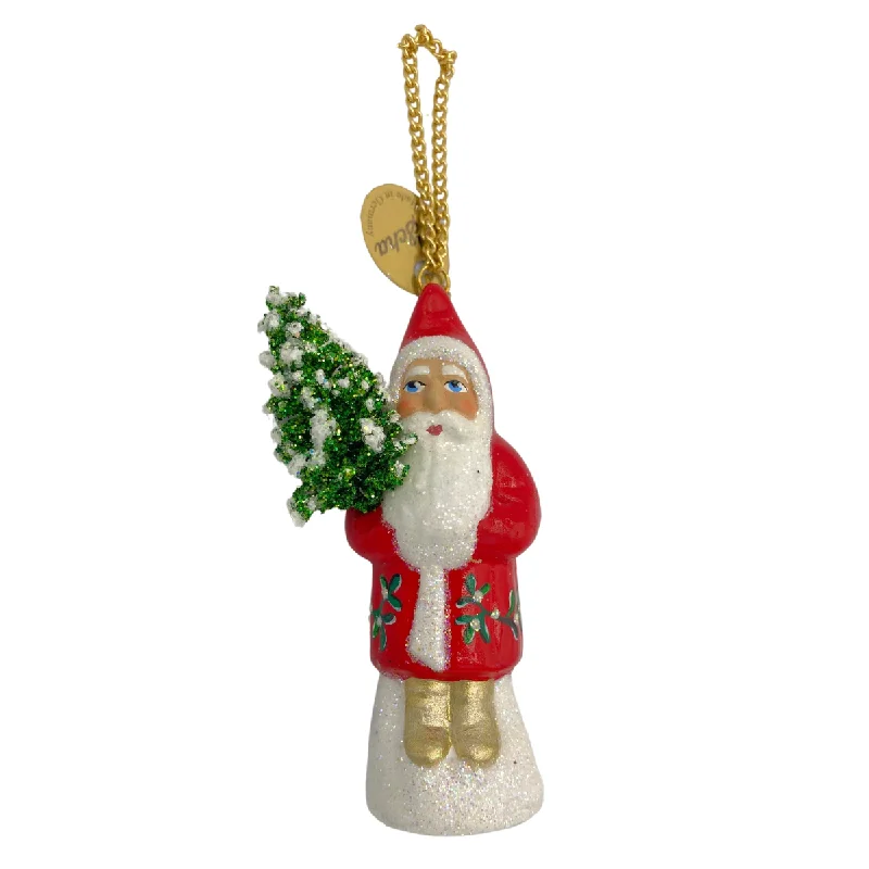 Santa with Tree, Paper Mache Ornament, red with holly decor, by Ino Schaller