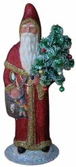 Santa in Cloak with tree, Paper Mache Candy Container, red with gold trim, by Ino Schaller