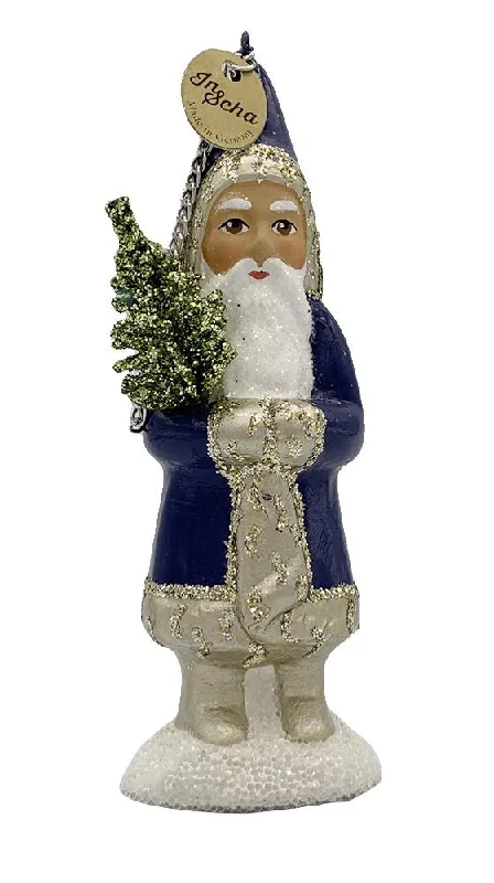 Santa with Tree, Paper Mache Ornament, navy blue with soft gold, by Ino Schaller