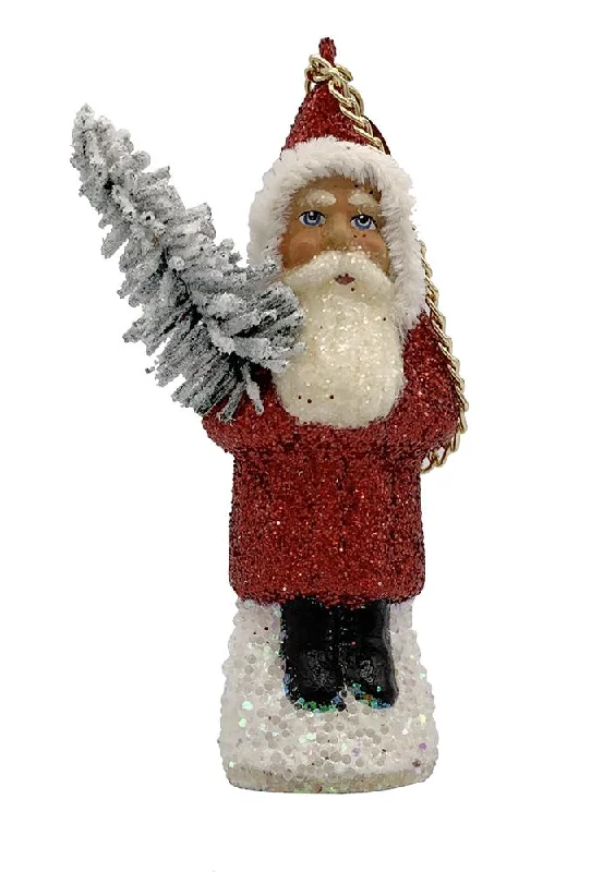 Santa with Tree, Paper Mache Ornament, red glitter with chenille trim, by Ino Schaller