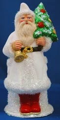 Santa with White Coat, Red Boots, Gold Bell and Tree Paper Mache Candy Container by Ino Schaller