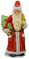 Shiny Red Santa with Gold Decor and Molded Tree Paper Mache Candy Container by Ino Schaller