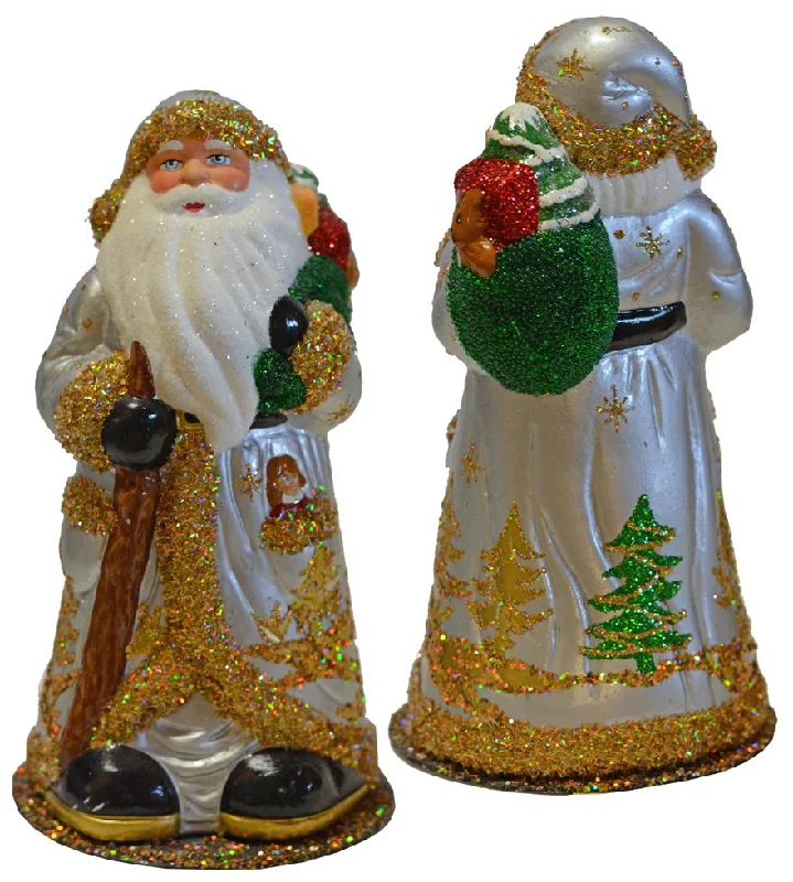 Silver Santa with Trees and Gold Trim, One of a Kind Paper Mache Candy Container by Ino Schaller