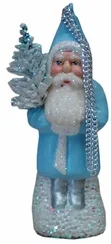 Santa with Tree, Paper Mache Ornament, light blue with iridescent glitter, by Ino Schaller