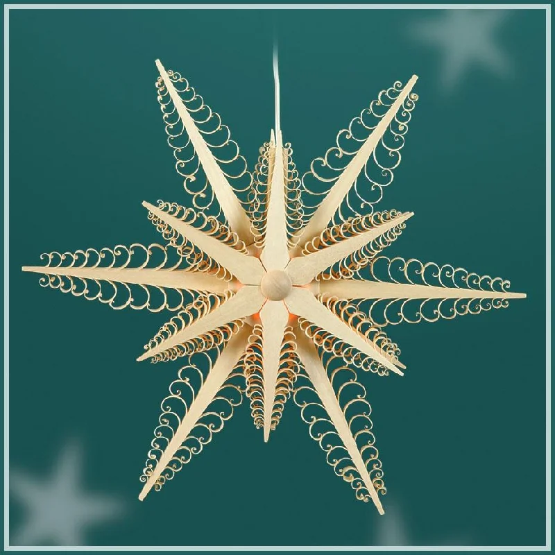 Illuminated Hanging Star, double, 30cm with 6 large and small flat curl trees by Martina Rudolph