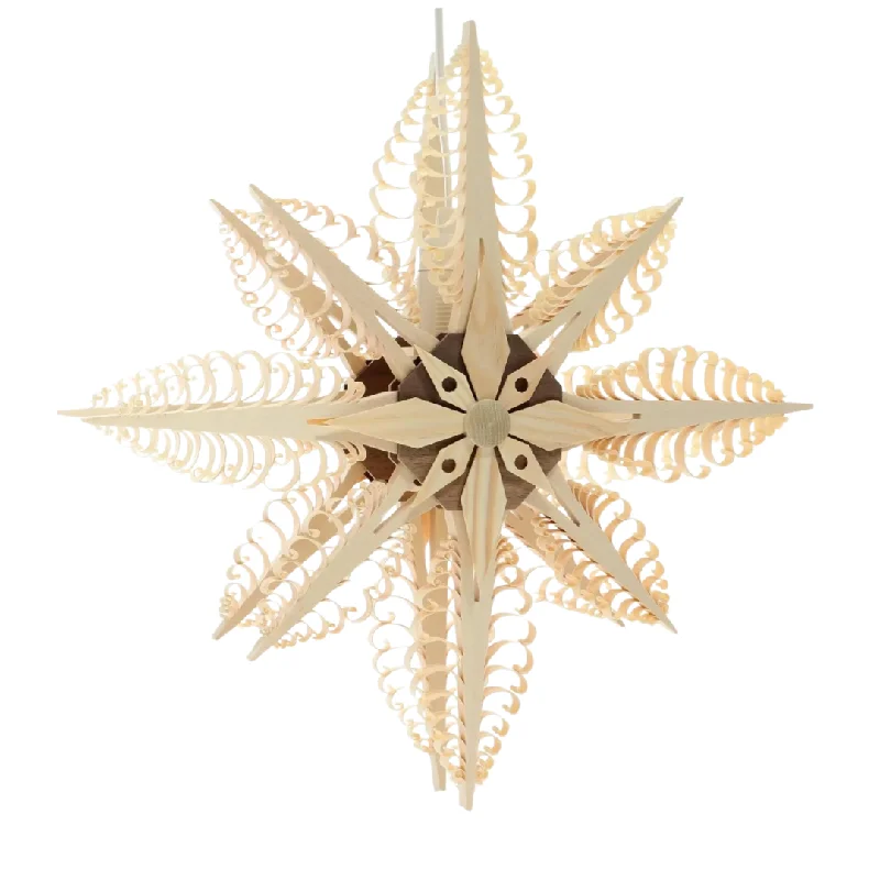 Illuminated Hanging Star, double, 32cm, 8 curl trees with natural and walnut center by Martina Rudolph