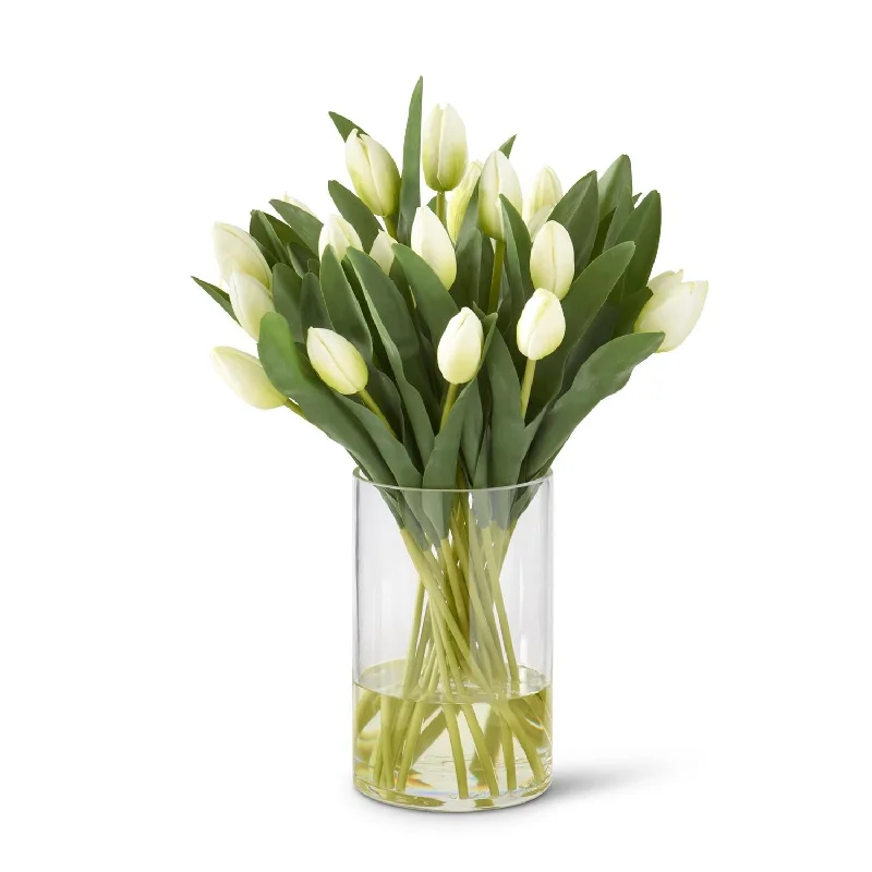 White Tulip Premade in Glass Vase w/Faux Water, 18"